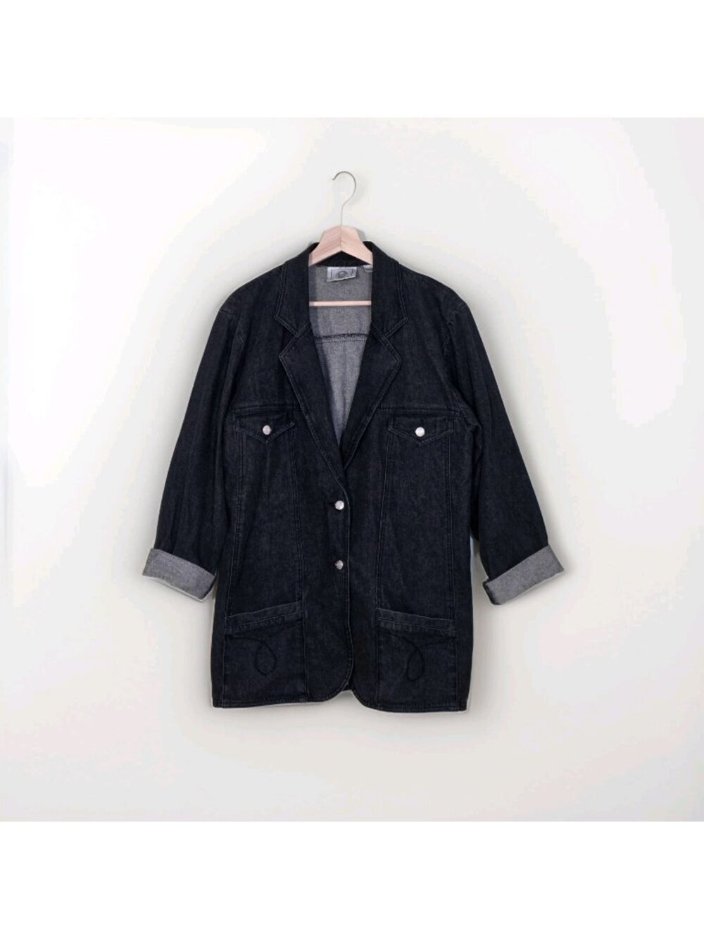 Vtg 90s Evan-Picone Sport Black Denim Chore Blazer L Faded Black Wash Indie Edgy